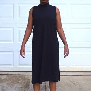 Anne Klein Black Sleeveless Mock Neck Midi Dress w/ Faux Leather Trim – Size S